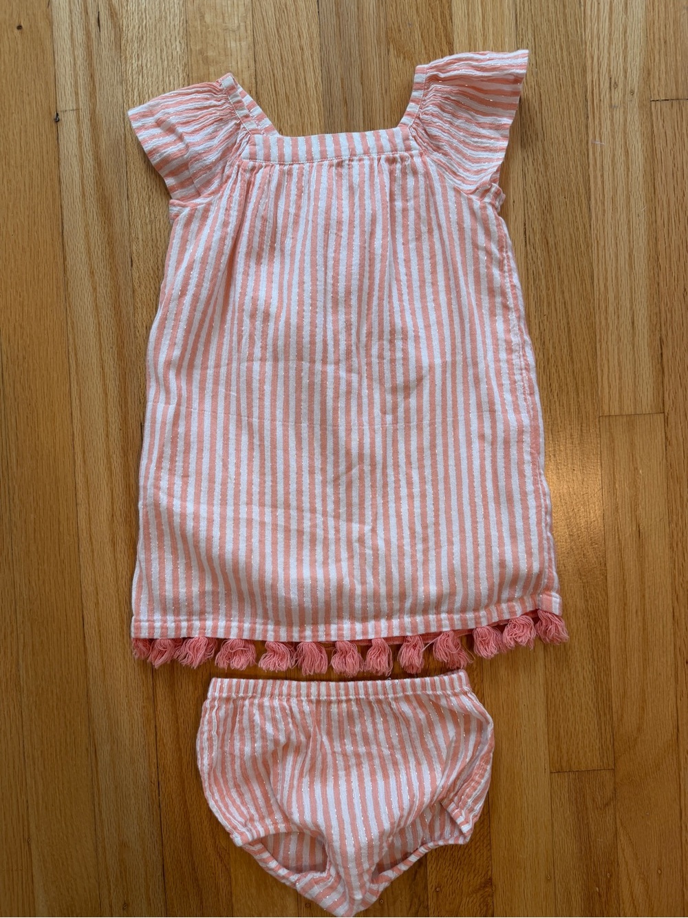 Tucker & Tate White and Light Orange Striped Tassel Dress with Bloomer